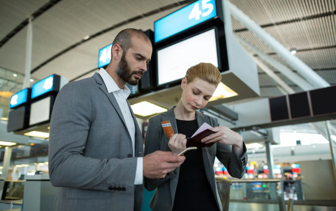 Checking financial records at the airport