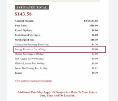 Snapshot of the energy recovery fee (ERF) from a particular bill