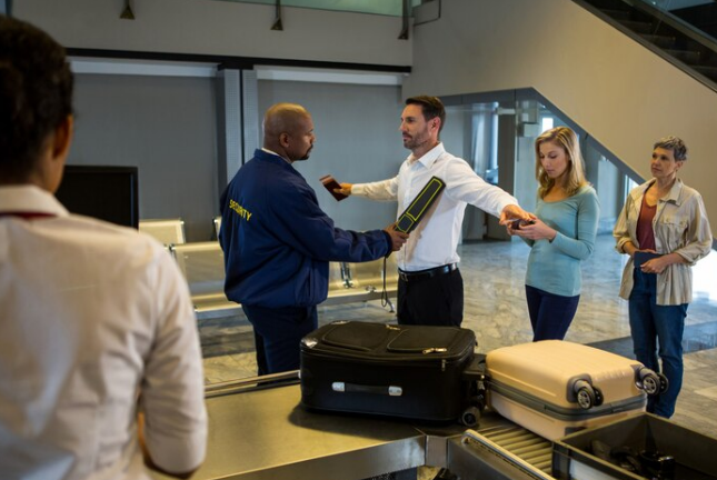 People from different places and gender being checked by security officers