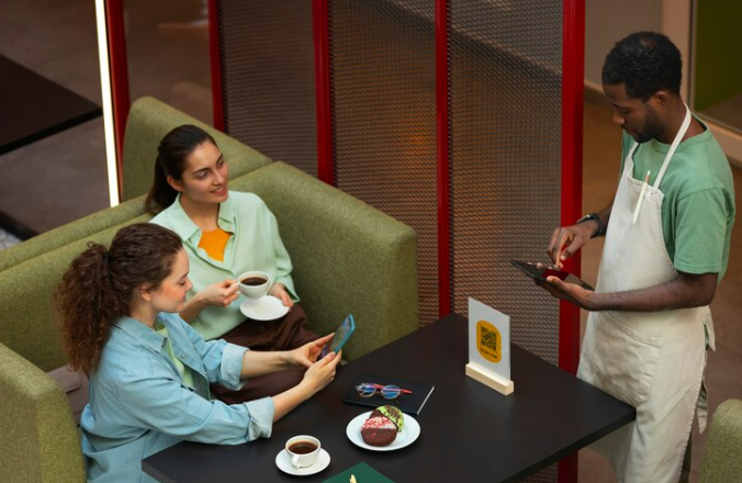 Young lady and friend eating at the airport's restaurant