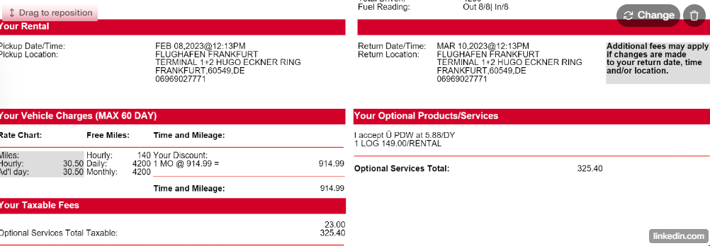 Optional service charge from a customer